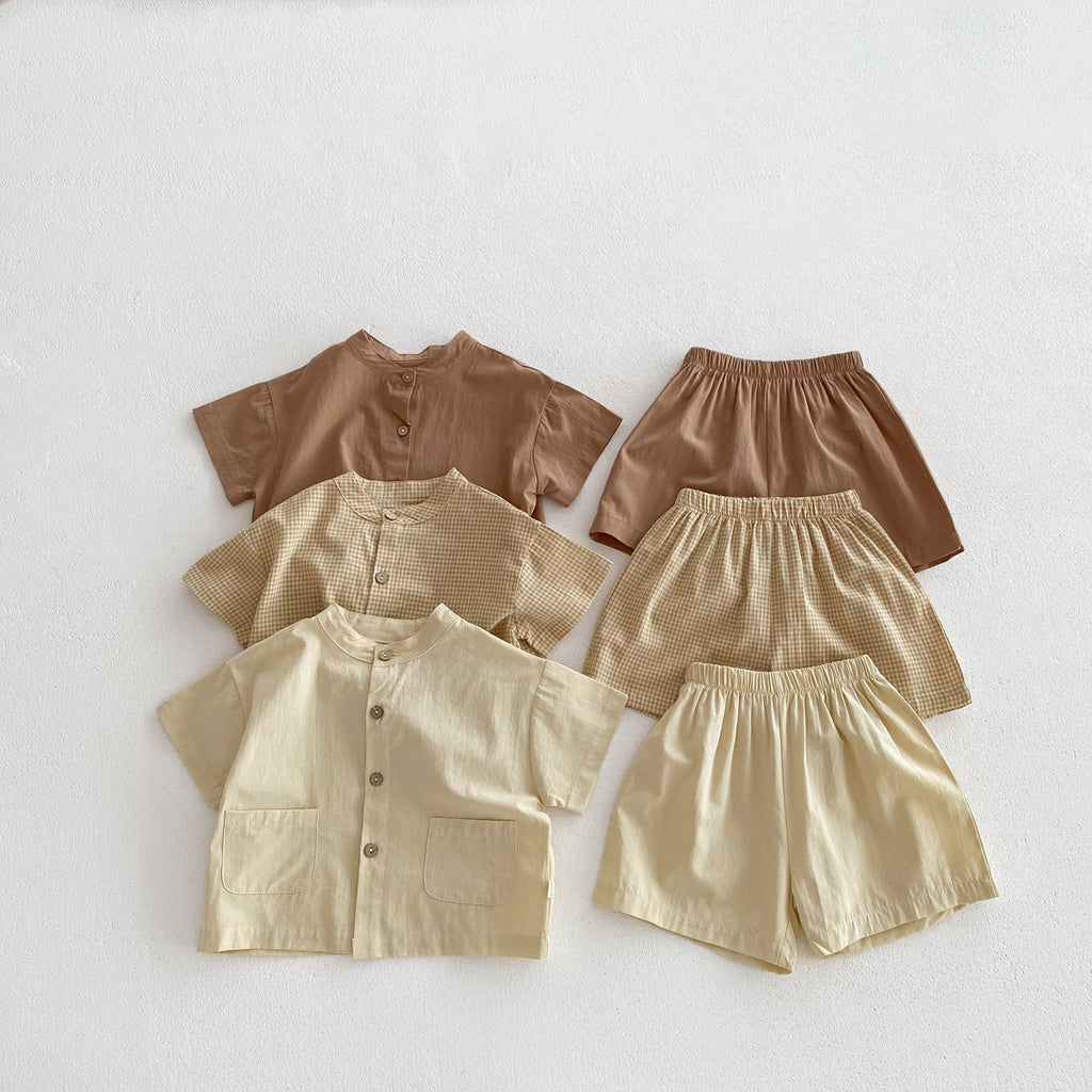 Baby Kids Boys Plaid/Solid Short Sleeves Top Shirt And Shorts Casual Clothing Set