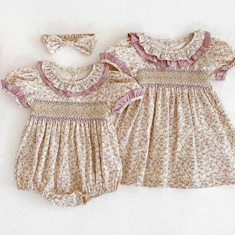 Baby Girl Ditsy Flower Ruffle Neck Dress Onesies In Summer