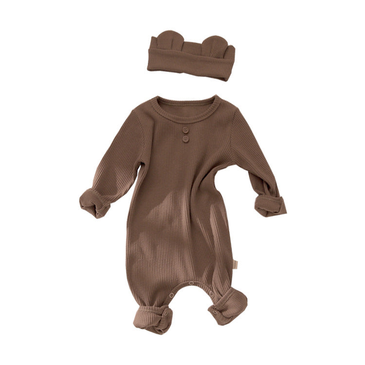 Baby Solid Color Pit Strip Graphic Long Sleeves Soft Cotton Romper Jumpsuit With Headband