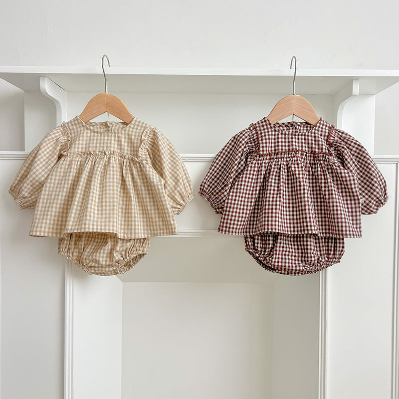 Autumn Hot Selling Baby Girls Long Sleeves Plaid Top Dress And Bloomer Clothing Set