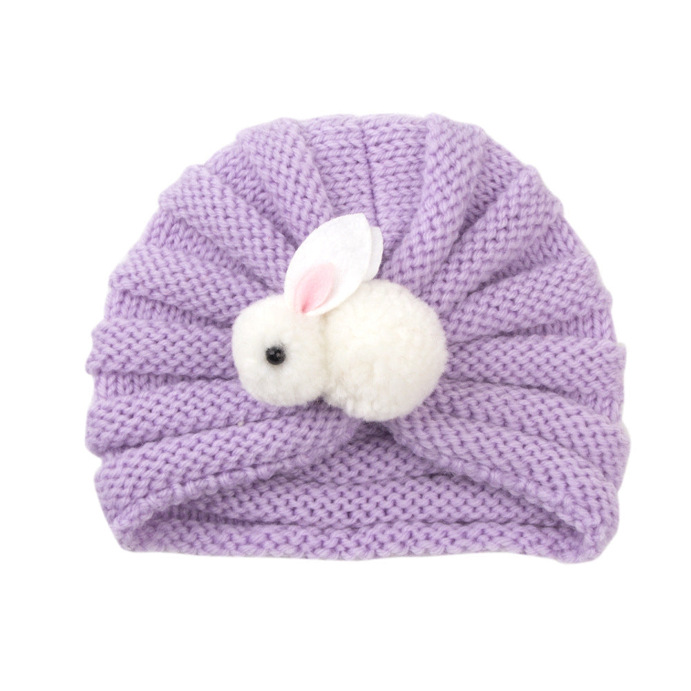 Newborn Baby Solid Color Rabbit Patched Design Wool Knitting Tire Caps