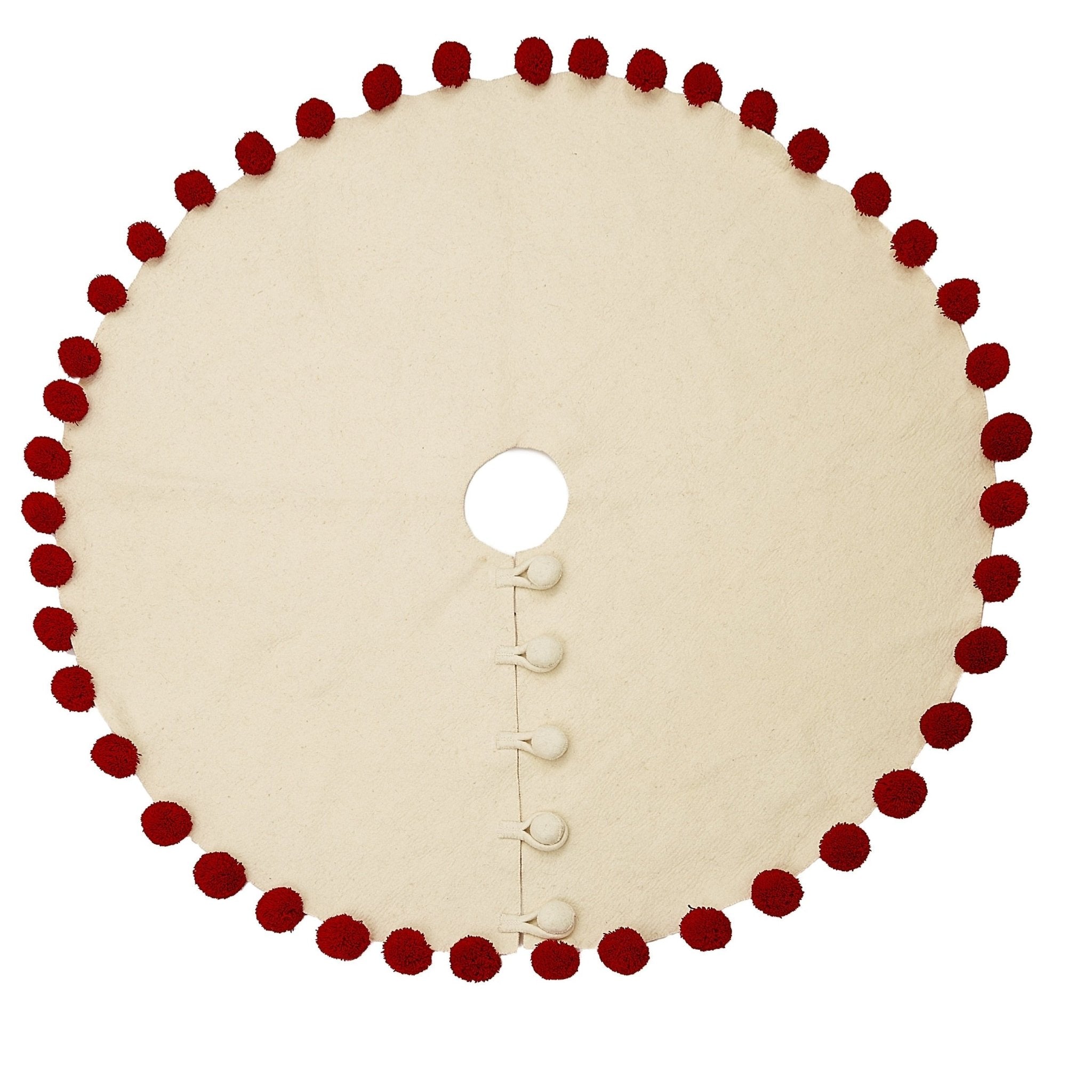Red Pom Poms Cream Handmade Felt Christmas Tree Skirt - 63" Arcadia Home