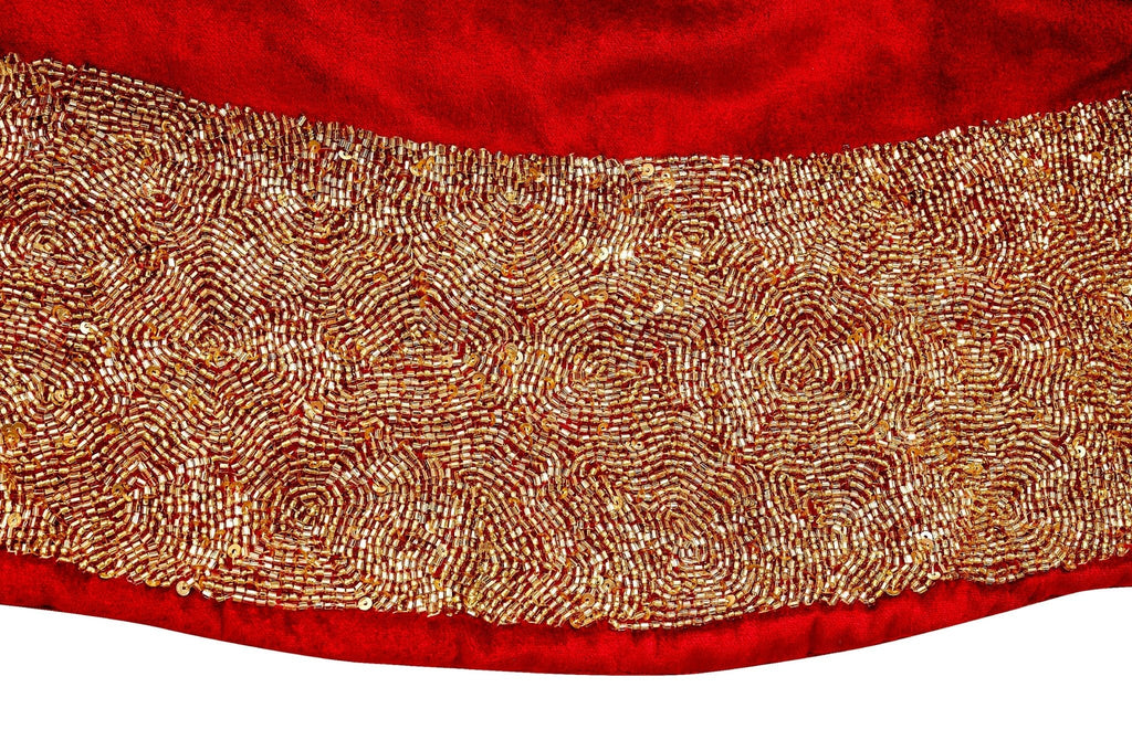 Red Velvet Christmas Tree Skirt Hand Beaded Gold Border - 60" / 72" Arcadia Home