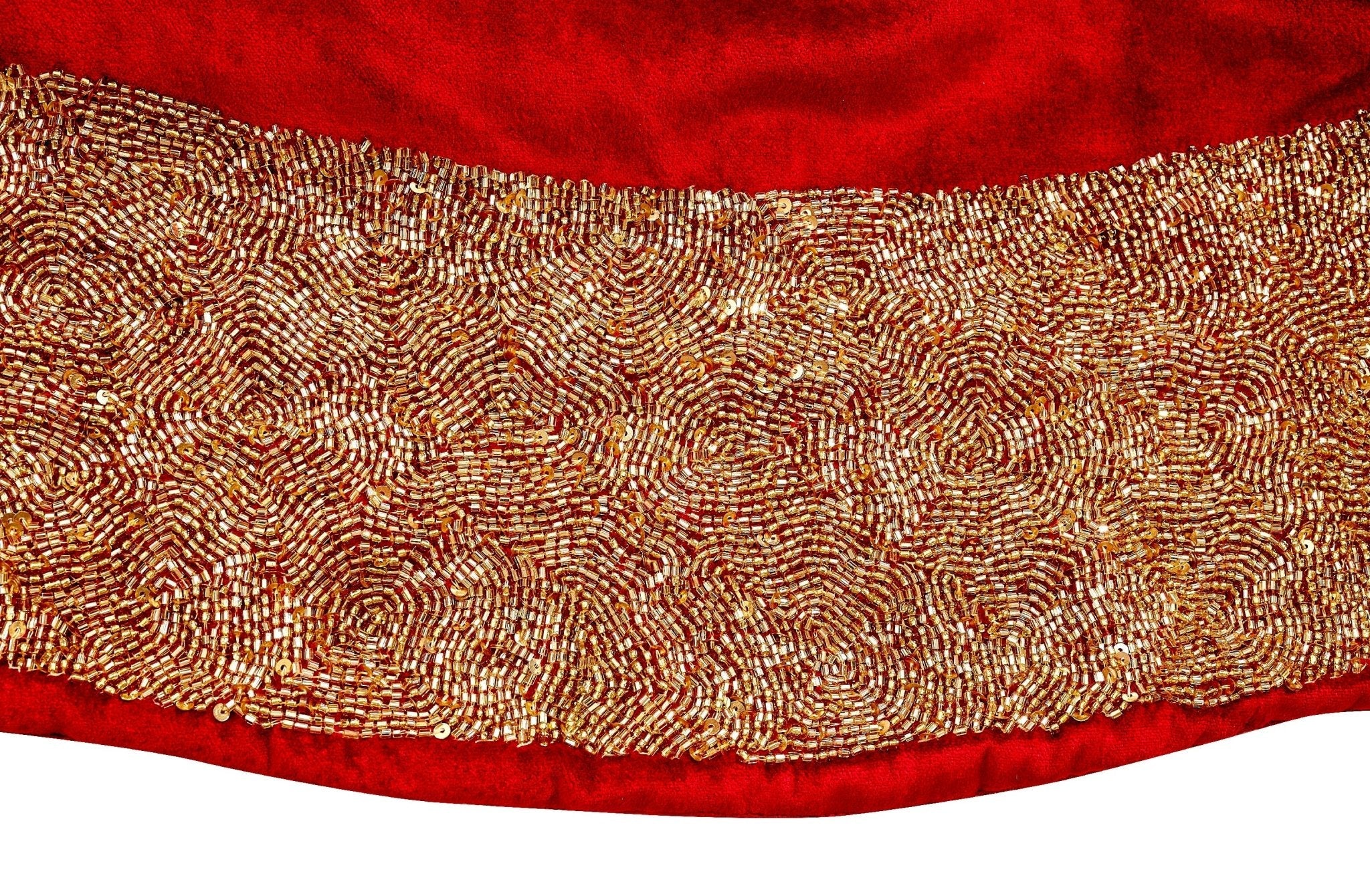 Red Velvet Christmas Tree Skirt Hand Beaded Gold Border - 60" / 72" Arcadia Home