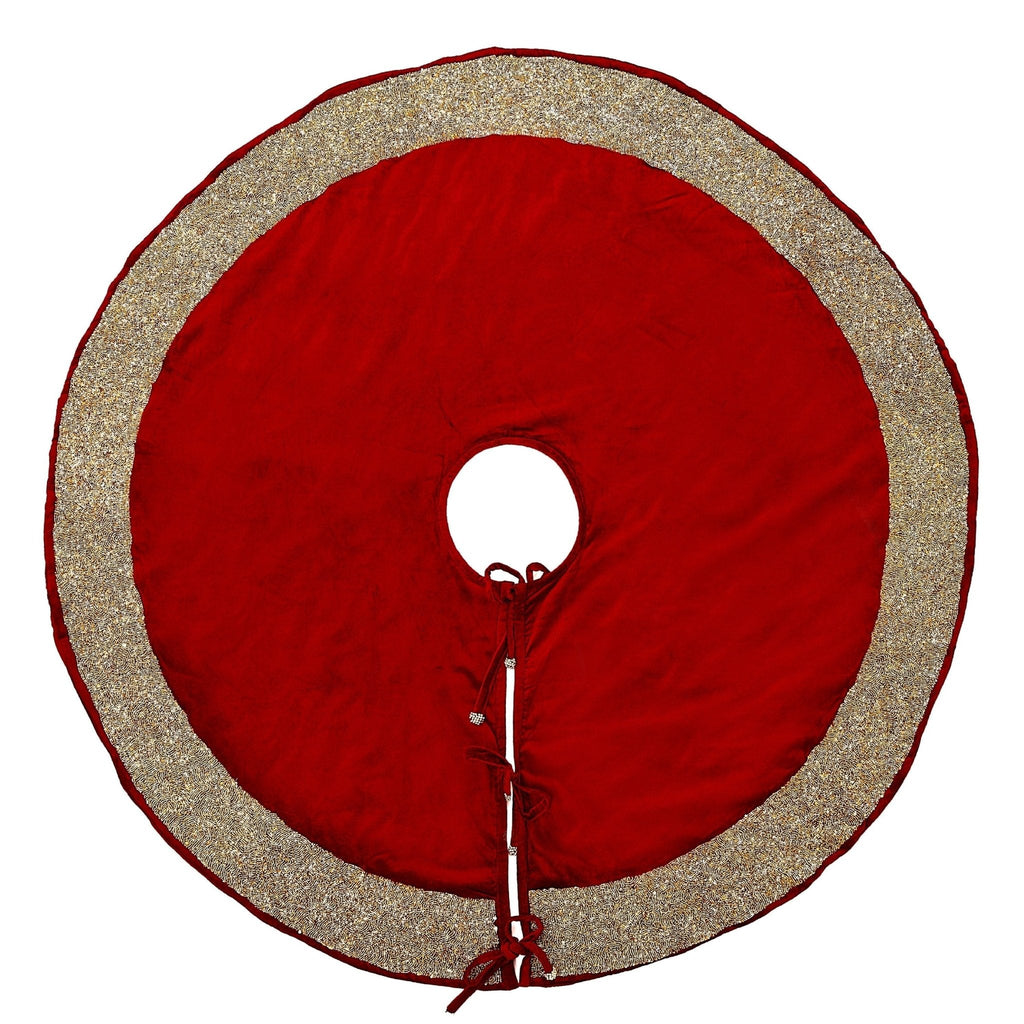 Red Velvet Christmas Tree Skirt Hand Beaded Gold Border - 60" / 72" Arcadia Home