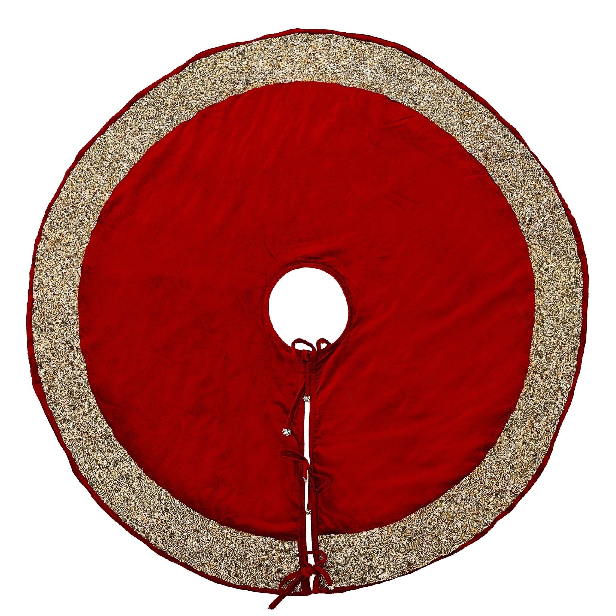 Red Velvet Christmas Tree Skirt Hand Beaded Gold Border - 60" / 72" Arcadia Home