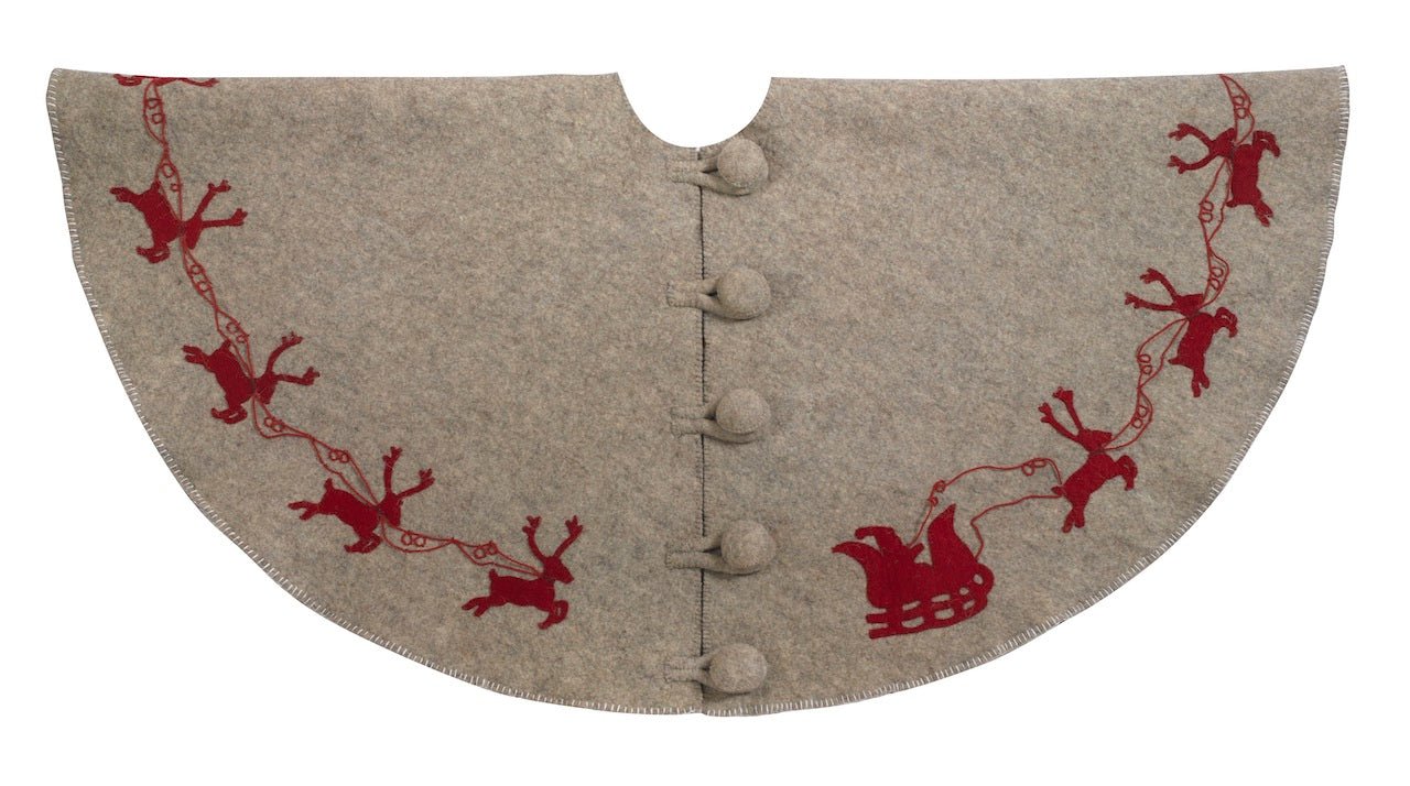 Handmade Reindeer Christmas Tree Skirt- Grey Red Reindeer And Cream Whip Stitch-72" Arcadia Home
