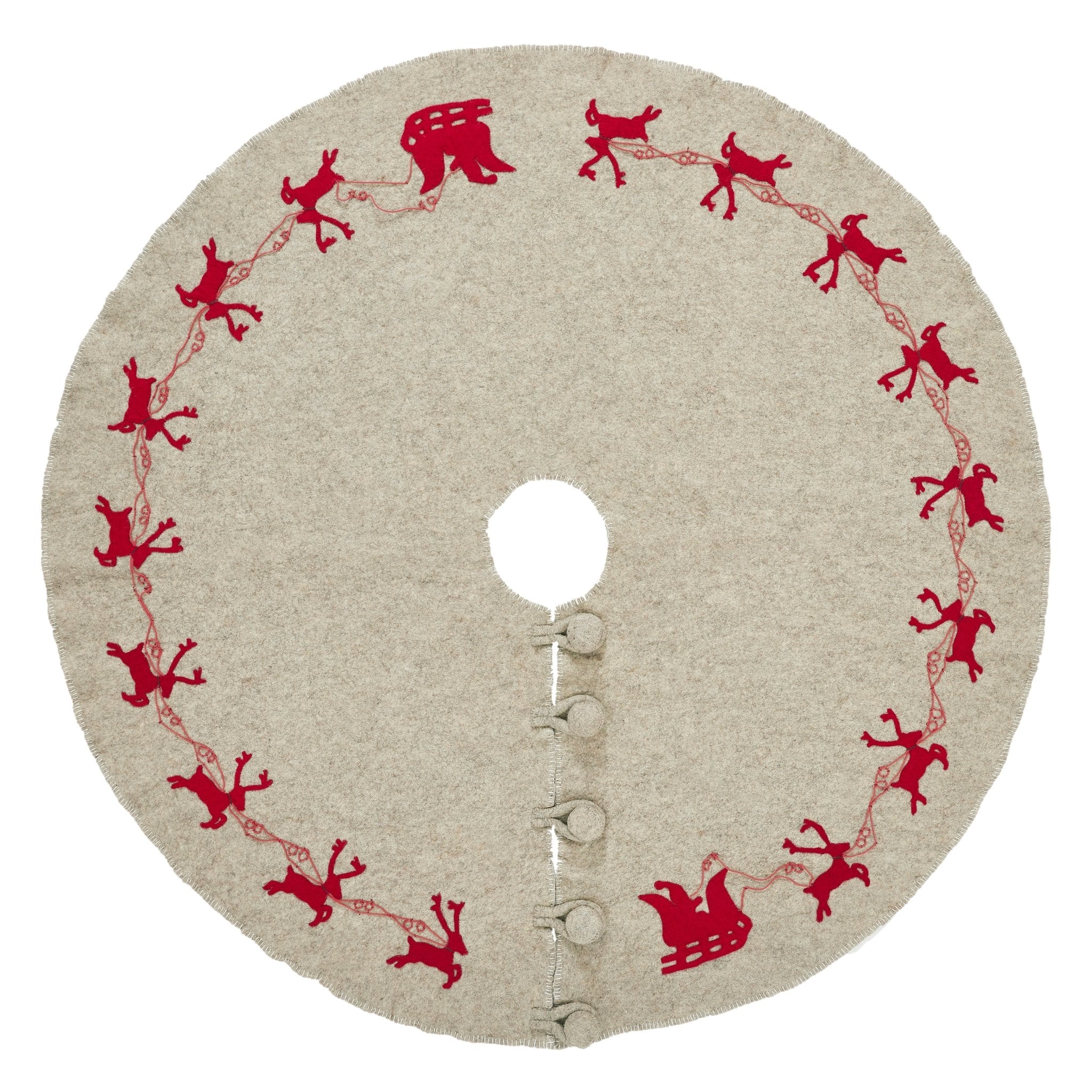 Handmade Reindeer Christmas Tree Skirt- Grey Red Reindeer And Cream Whip Stitch-72" Arcadia Home