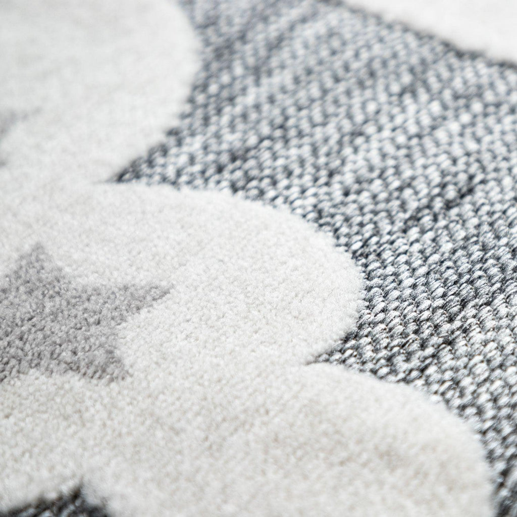 Round Kids Rug Tweet Cuddling Moon & Stars in the Night Sky in Mottled Grey