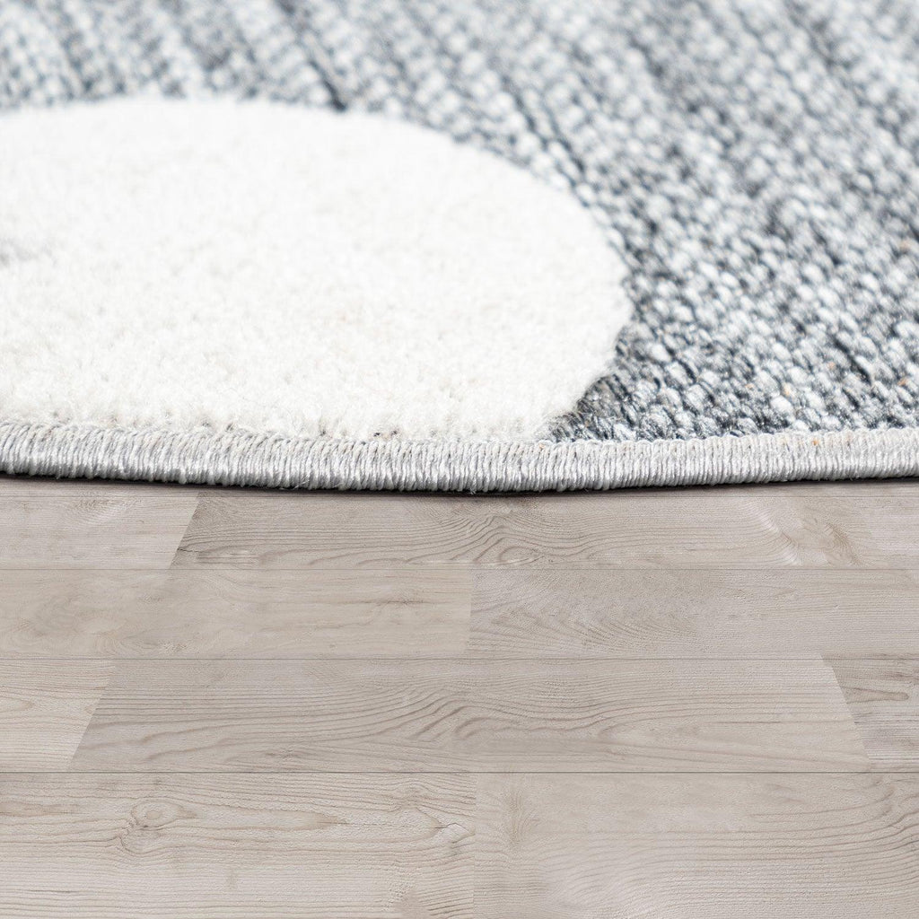 Round Kids Rug Tweet Cuddling Moon & Stars in the Night Sky in Mottled Grey