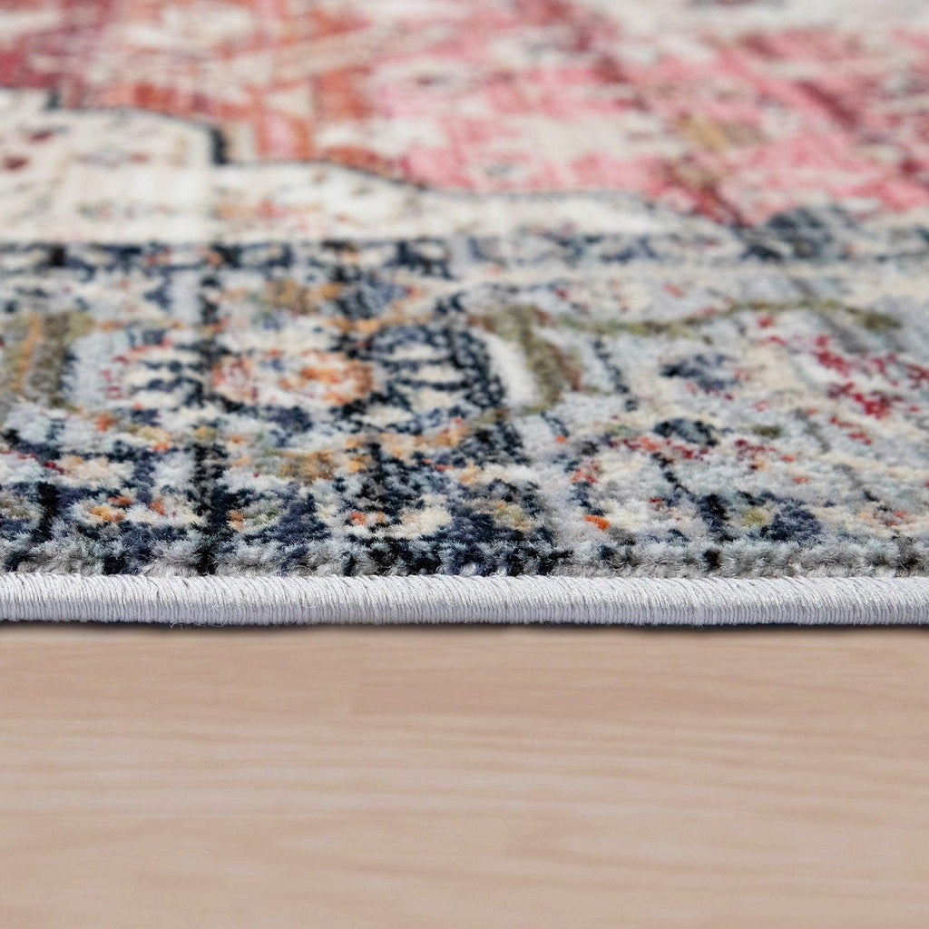 Rug, Short-Pile For Living Rooms, With Oriental Design And Border In Pink, Colourful