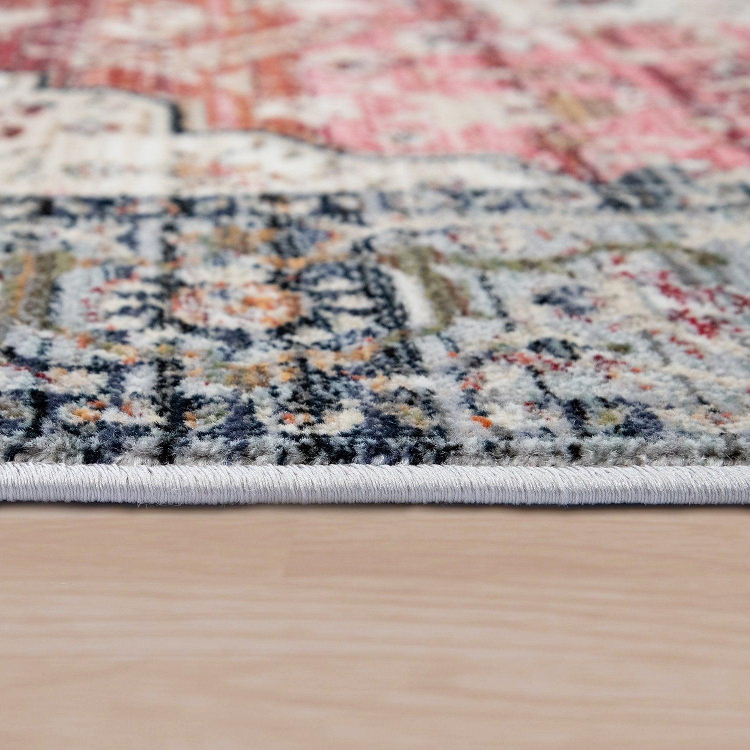 Rug, Short-Pile For Living Rooms, With Oriental Design And Border In Pink, Colourful