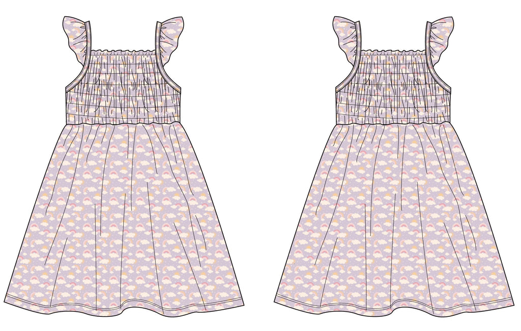 Lavender Rainbows and Clouds Smocked Vintage Dress