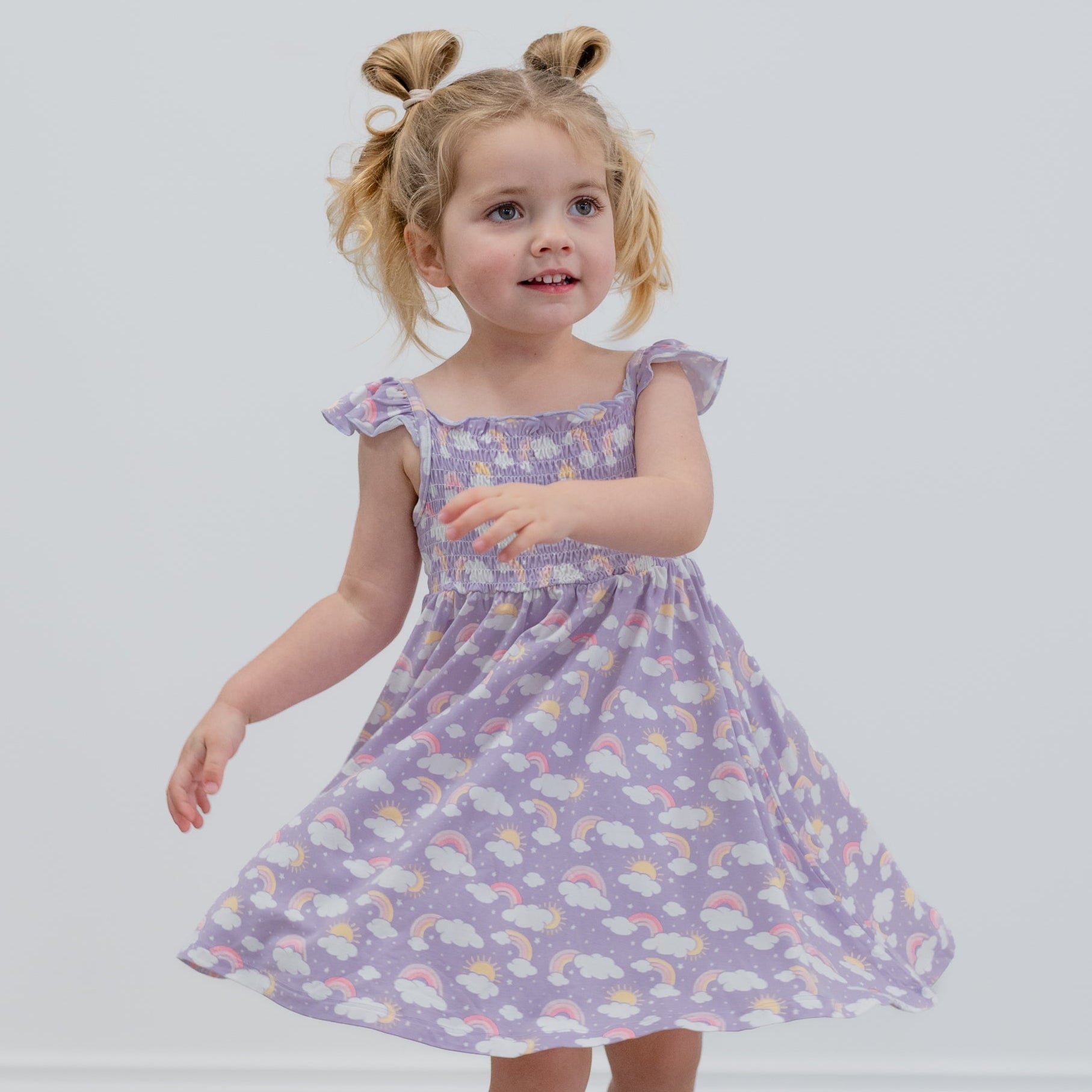 Lavender Rainbows and Clouds Smocked Vintage Dress