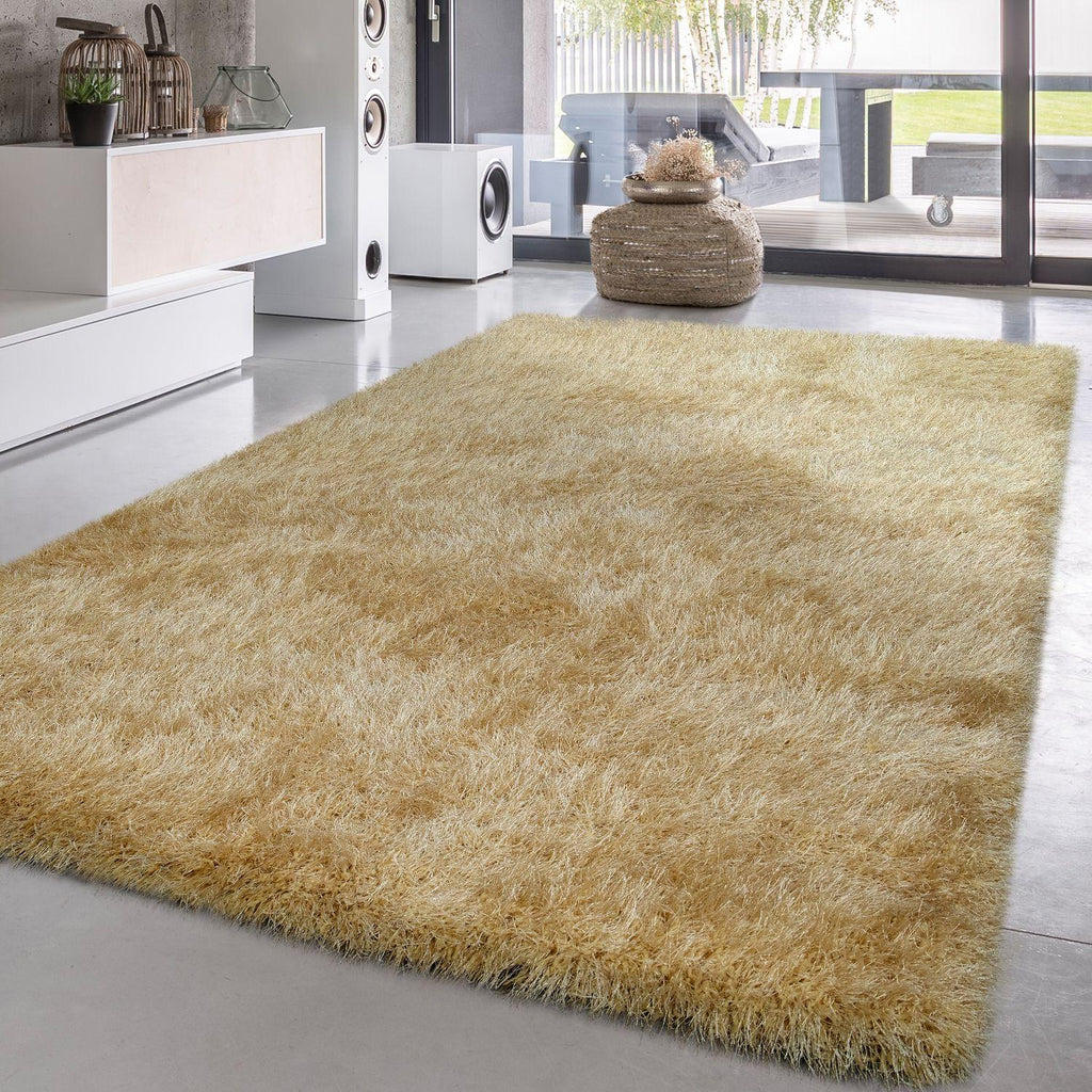 Shag Rug High Pile In Gold For Bedroom & Living Room Fluffy Glossy Pastel Yarn