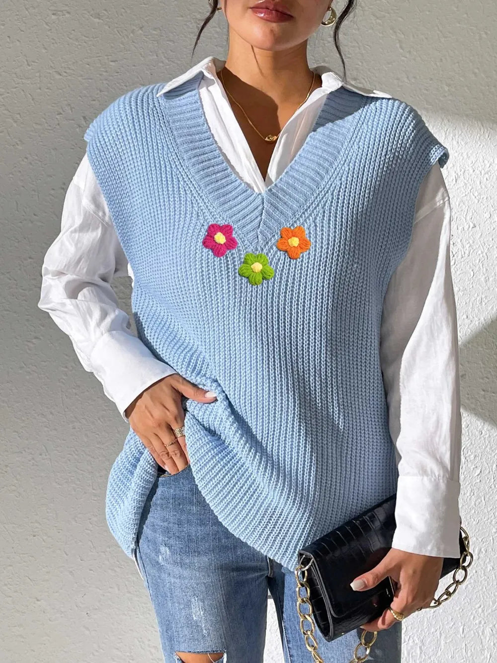 Spring and Autumn V-neck Simple Vest Hand Hook Flower Splicing Machine Woven Sweater Clip