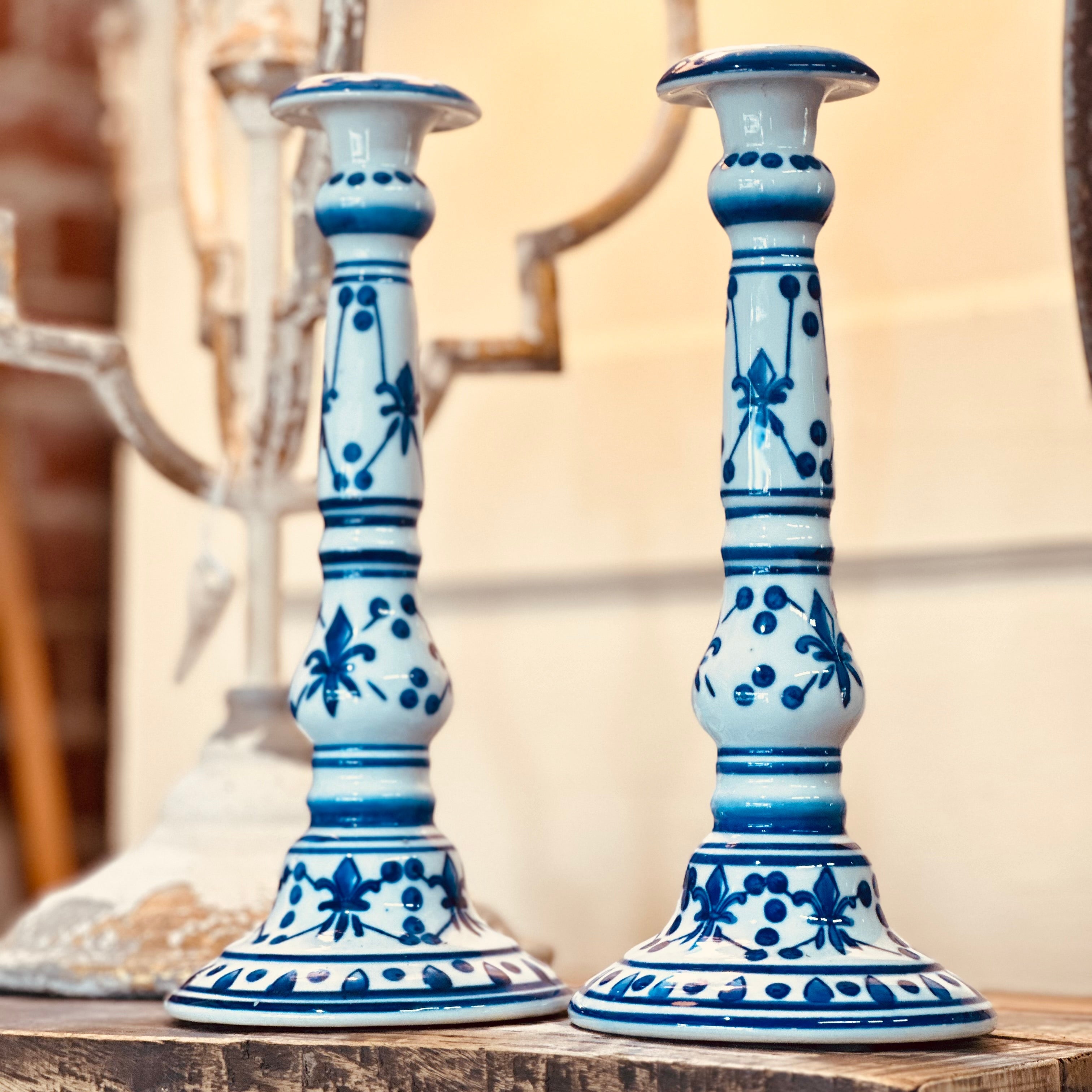 Tall Vintage French Blue and White Ceramic Candlesticks