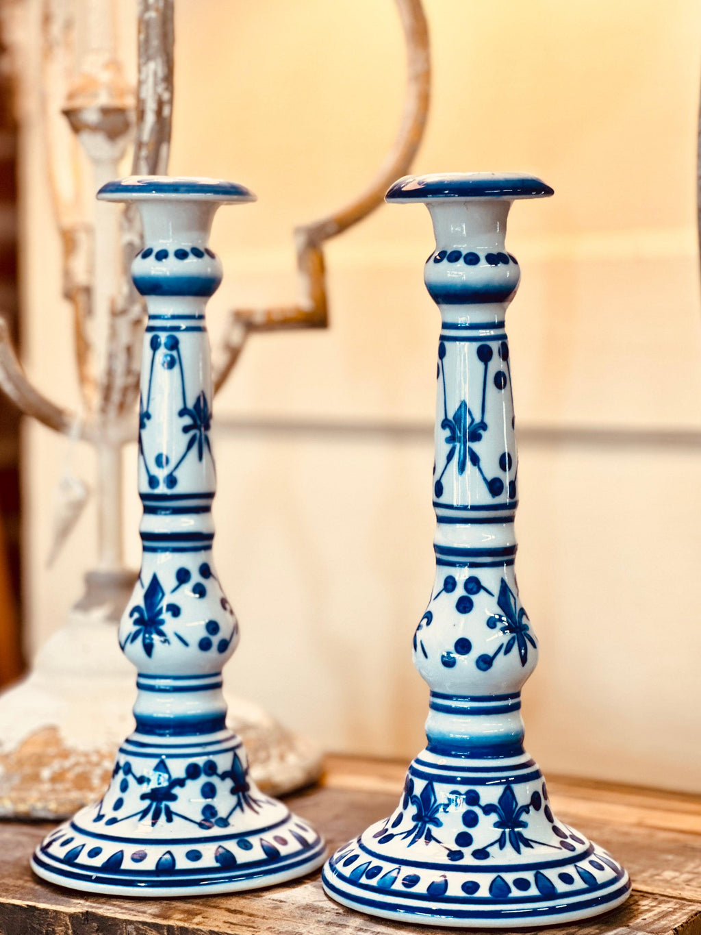 Tall Vintage French Blue and White Ceramic Candlesticks
