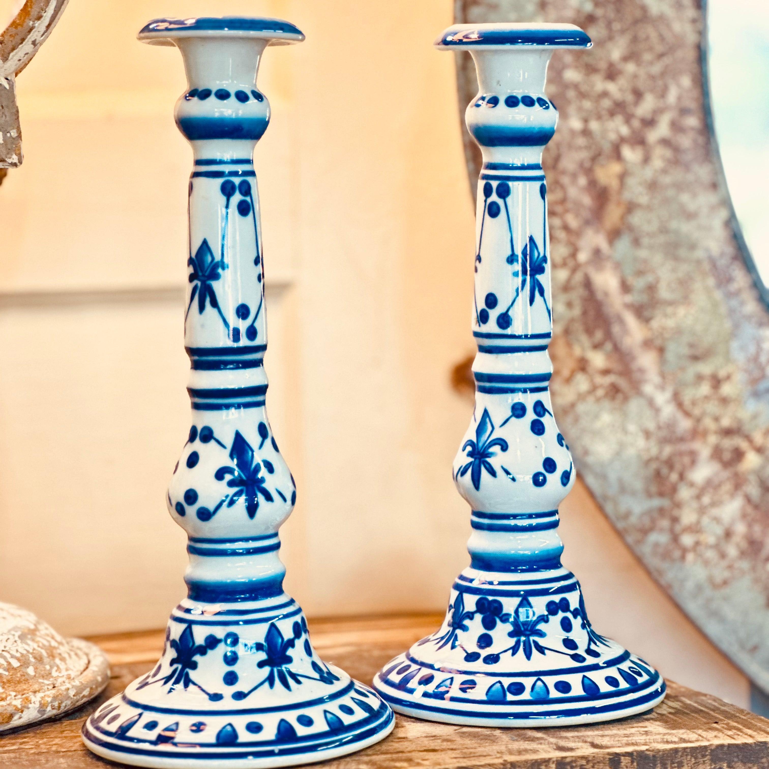 Tall Vintage French Blue and White Ceramic Candlesticks