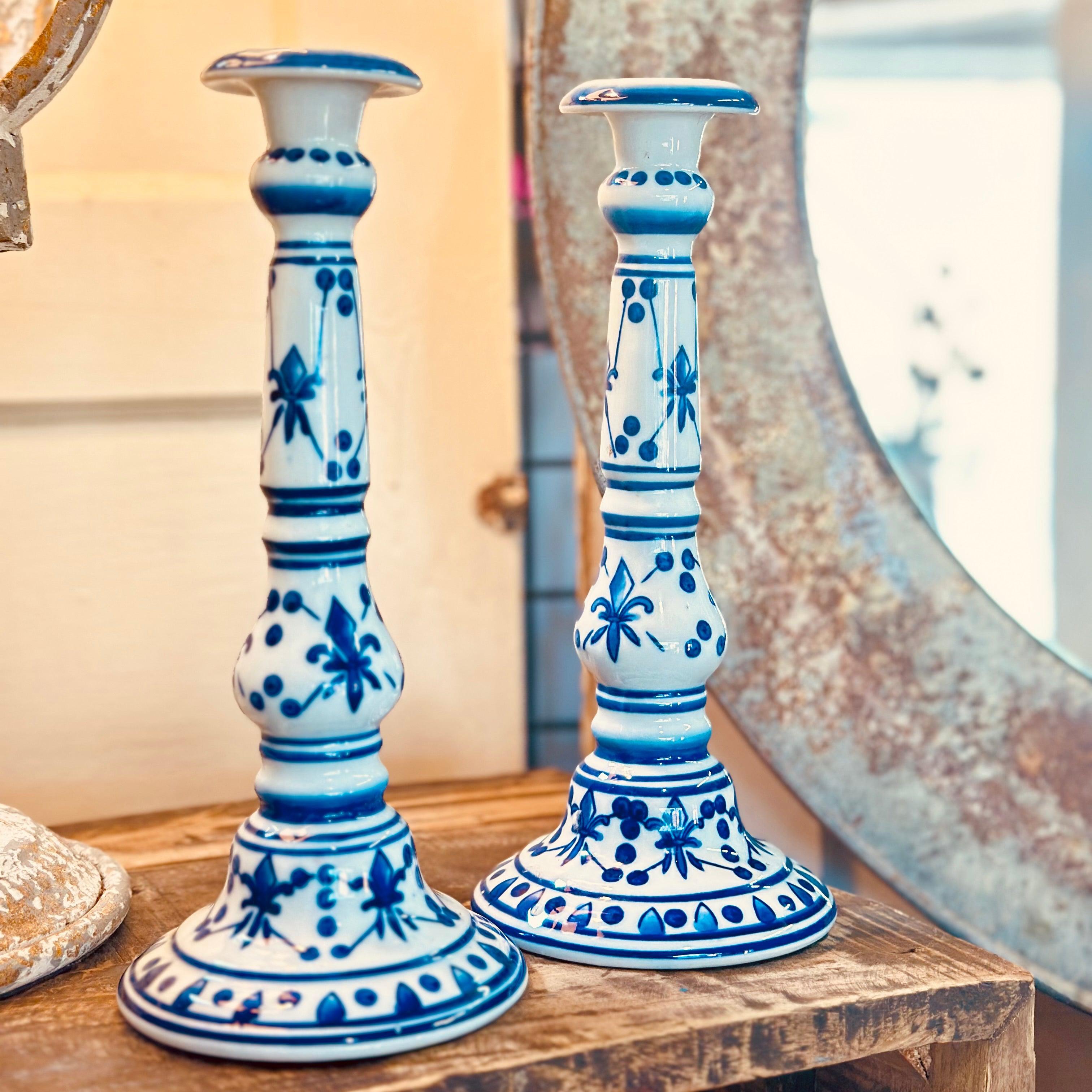 Tall Vintage French Blue and White Ceramic Candlesticks