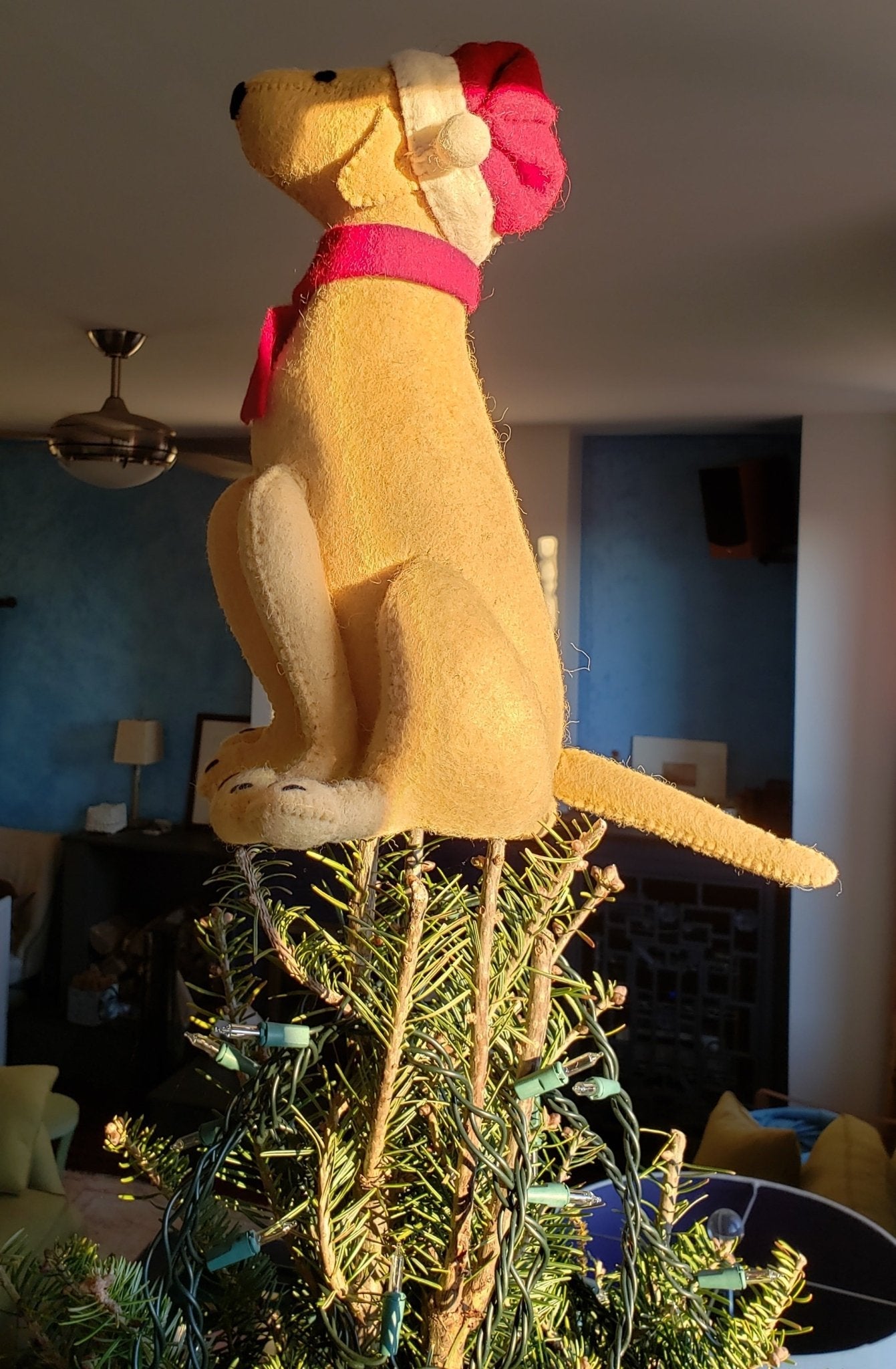 Tan Yellow Lab Santa Hat Christmas Tree Topper Hand Felted Wool Arcadia Home