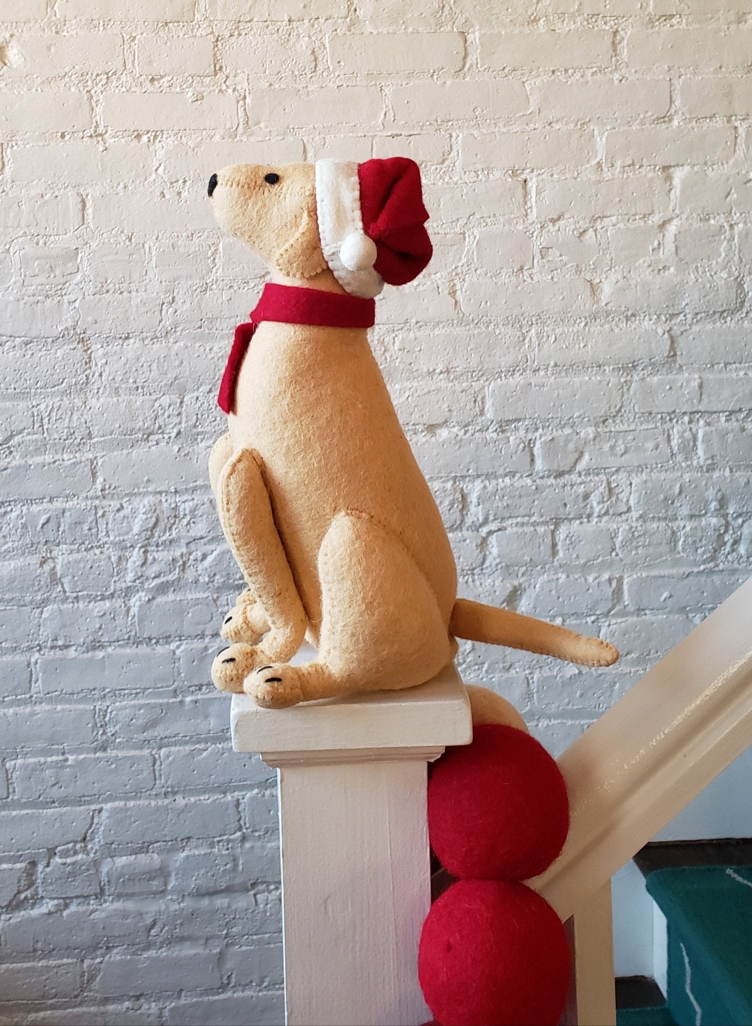 Tan Yellow Lab Santa Hat Christmas Tree Topper Hand Felted Wool Arcadia Home