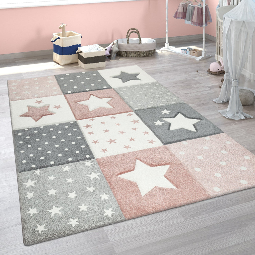 Nursery Rug Cosmo Checkered with Stars in Pastel Pink White