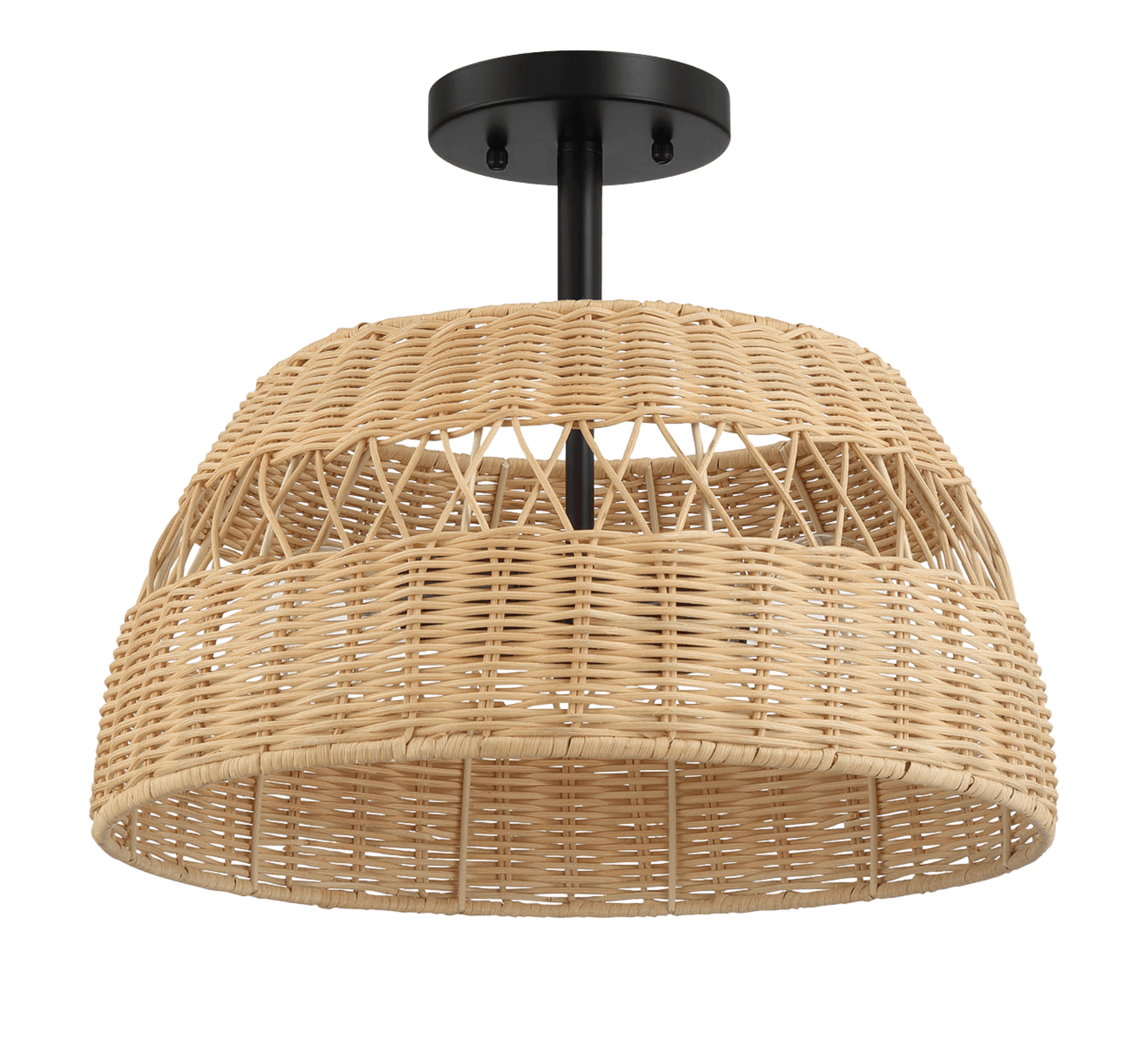 Twinkle Double Lights Semi Flush With Rattan Shade Black Metal Finish 