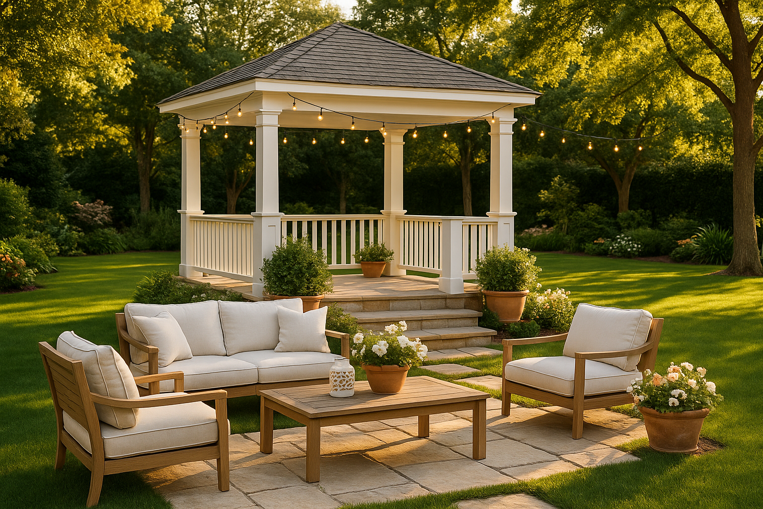 upscale backyard that showcases the beautiful gazebo while in the sun ad for pottery barn