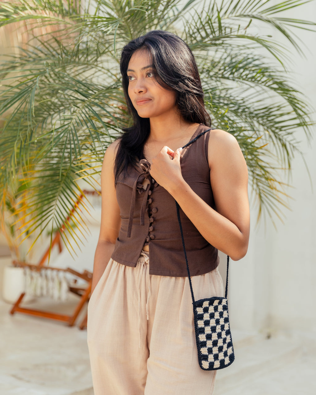 Checkered Crochet Phone Sling Bag