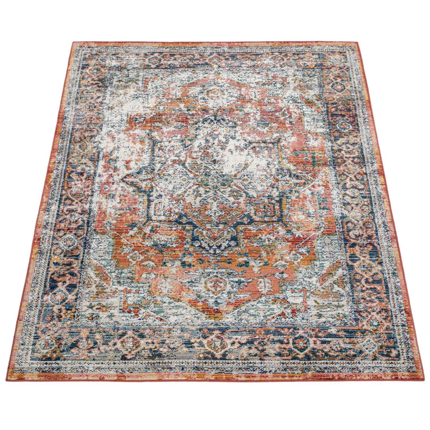 Vintage Rug Oriental Ornaments Border Red Blue Grey
