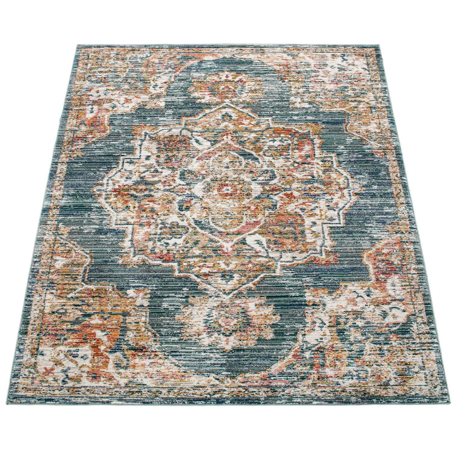 Vintage Rug Oriental Ornaments With Border Blue Green Multicolor