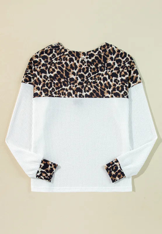 Waffle-Knit Leopard V-Neck Long Sleeve Blouse