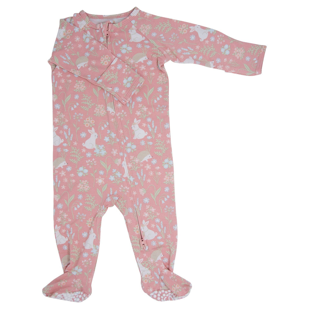 Pink Bunny Floral Zipper Footie